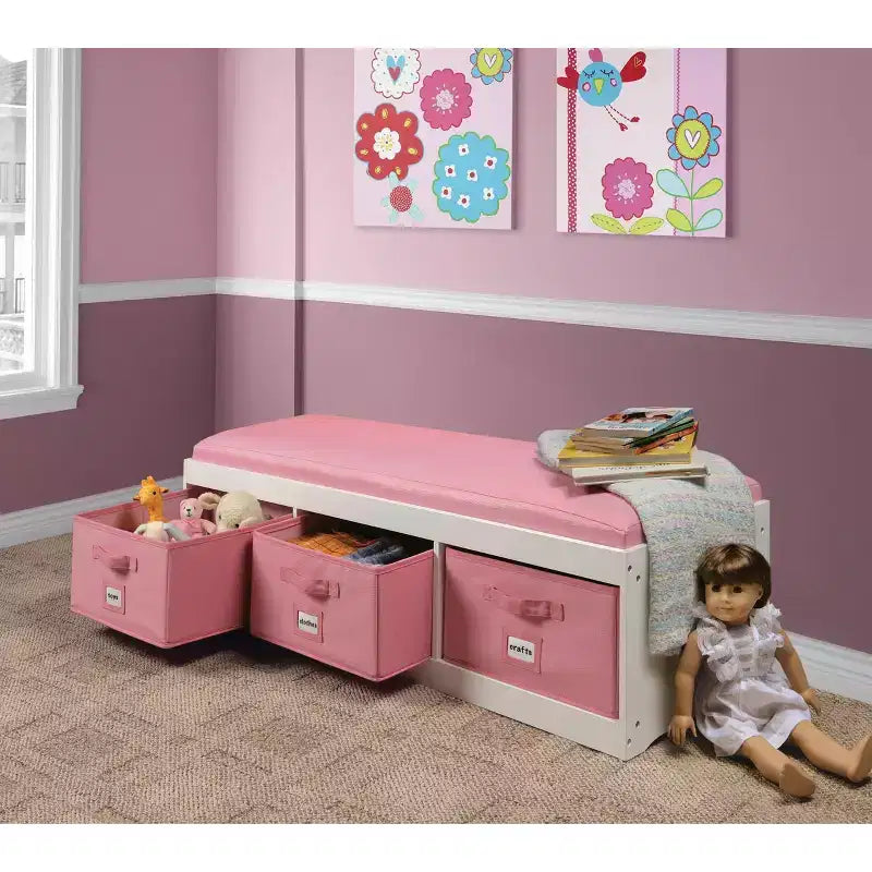 Panca Contenitore per Bambini con Cuscino e Tre Cestini – Bianco con Rosa