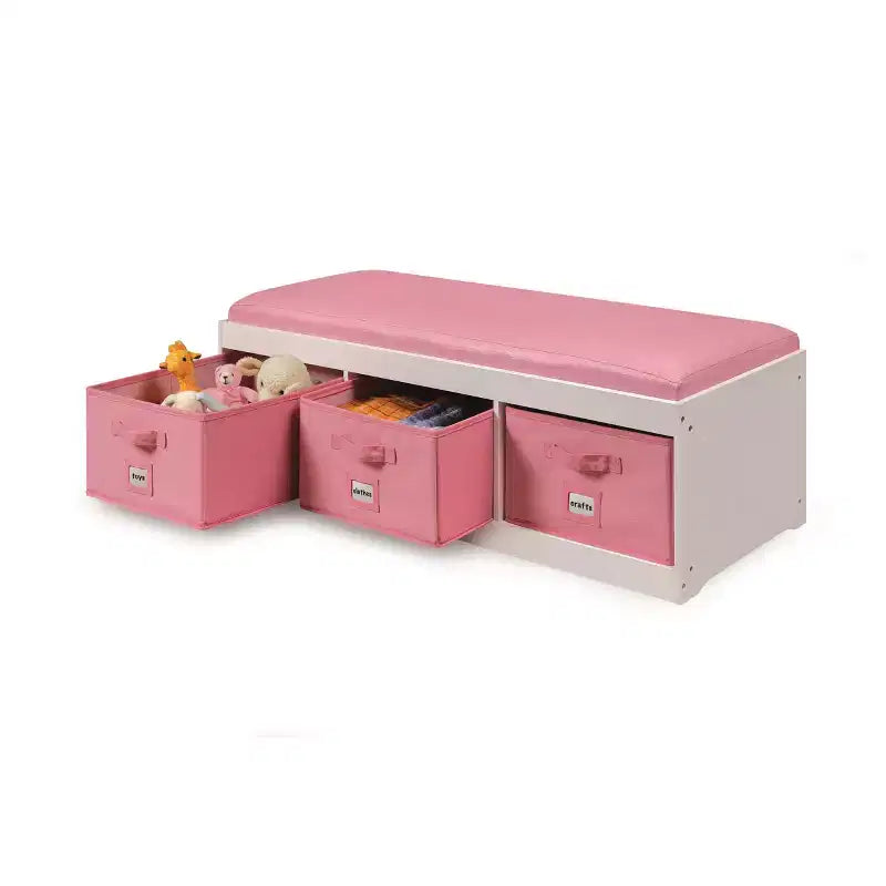 Panca Contenitore per Bambini con Cuscino e Tre Cestini – Bianco con Rosa