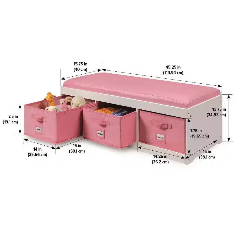 Panca Contenitore per Bambini con Cuscino e Tre Cestini – Bianco con Rosa