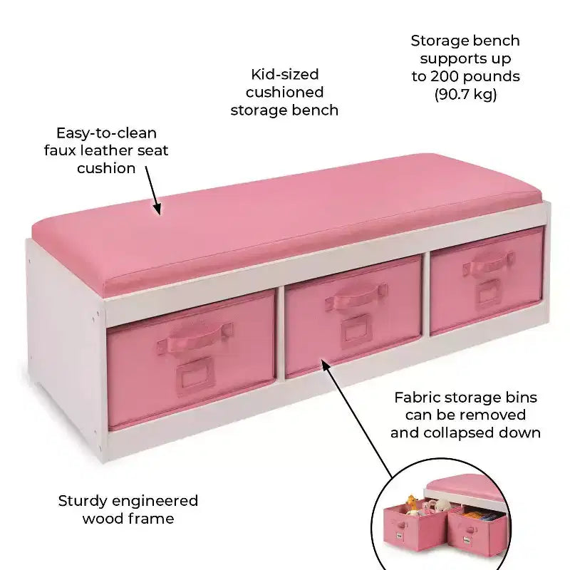 Panca Contenitore per Bambini con Cuscino e Tre Cestini – Bianco con Rosa