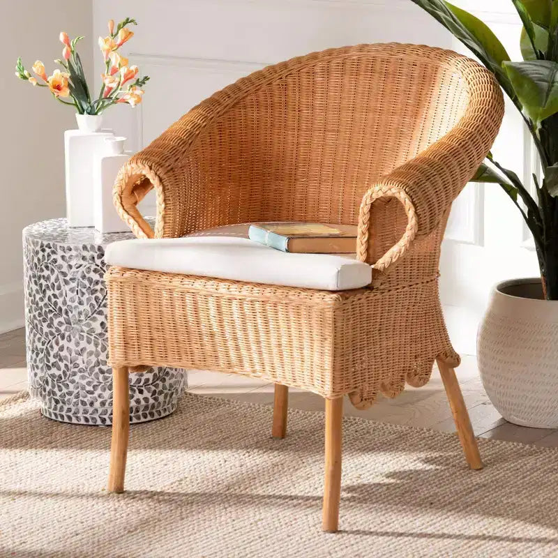Sedia da pranzo artigianale in rattan con cuscino