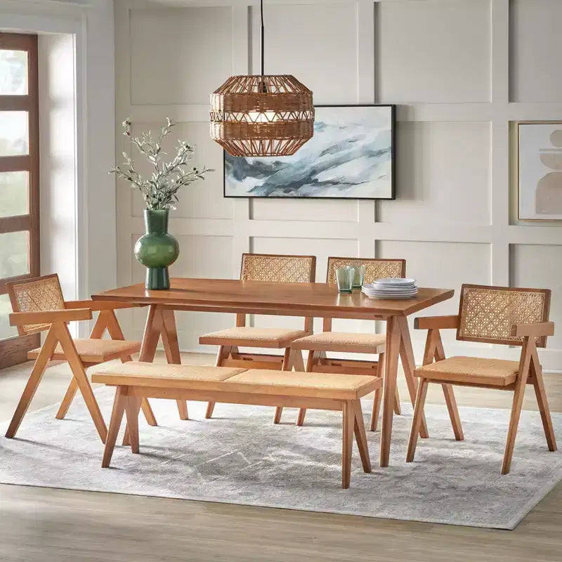 Panca da pranzo in rattan e legno massello – Noce chiaro