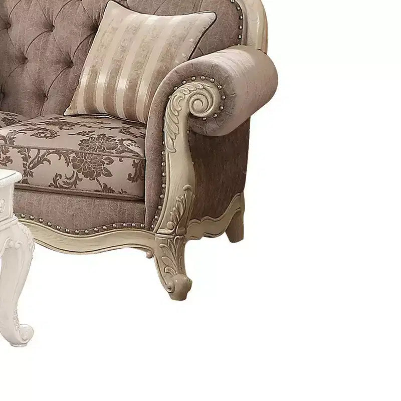 Divanetto da 180 cm con struttura bianco antico e rivestimento in tessuto grigio