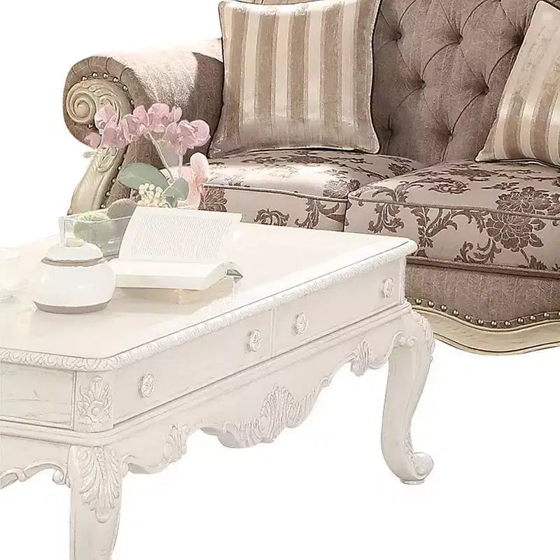 Divanetto da 180 cm con struttura bianco antico e rivestimento in tessuto grigio