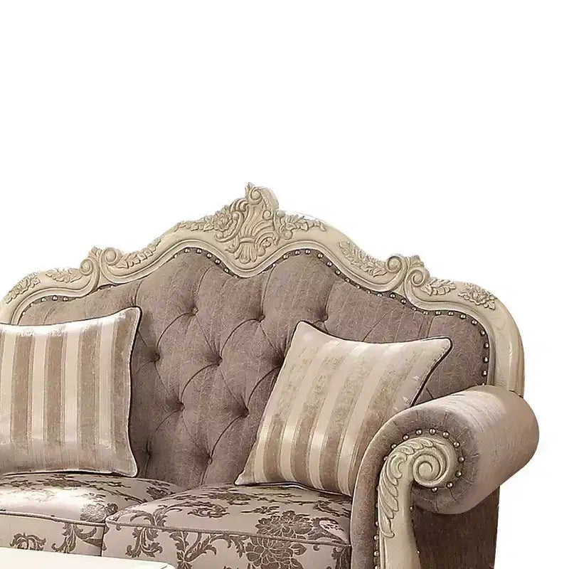 Divanetto da 180 cm con struttura bianco antico e rivestimento in tessuto grigio