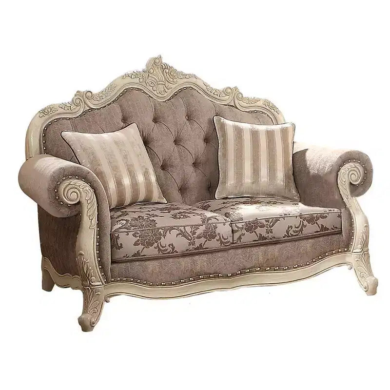 Divanetto da 180 cm con struttura bianco antico e rivestimento in tessuto grigio
