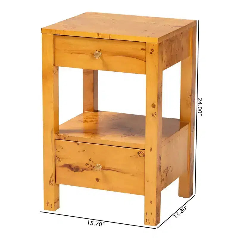 Comodino in Legno di Radica a 2 Cassetti con Ripiano Aperto