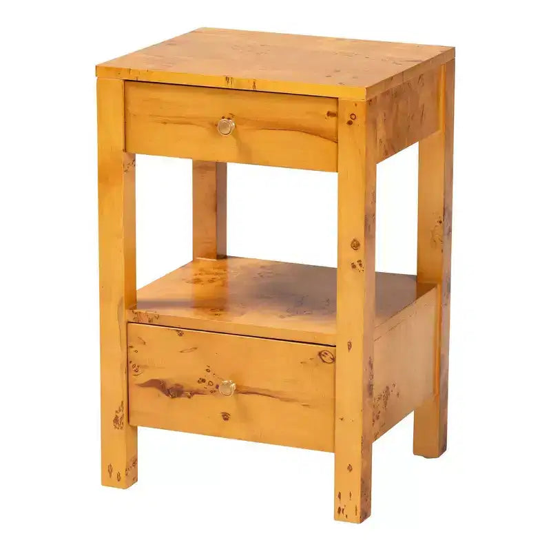 Comodino in Legno di Radica a 2 Cassetti con Ripiano Aperto