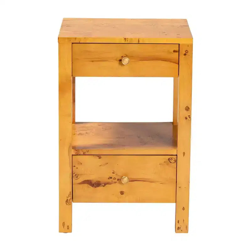 Comodino in Legno di Radica a 2 Cassetti con Ripiano Aperto
