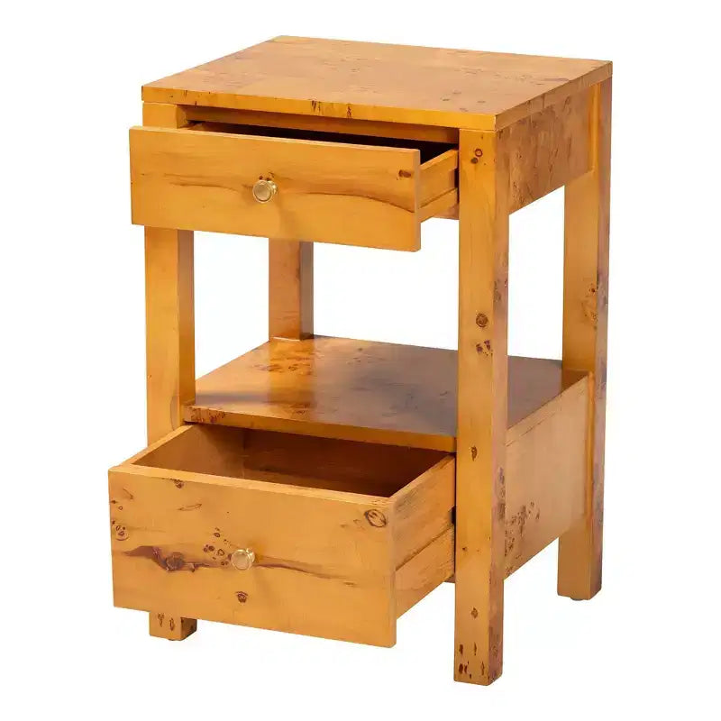 Comodino in Legno di Radica a 2 Cassetti con Ripiano Aperto