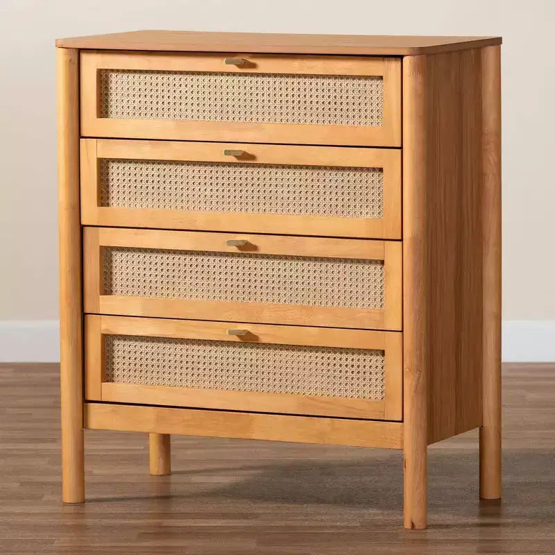 Baxton Studio Jenn Wood 4 Drawer Chest with Distressed Finished Rattan Golden Brown/Distressed Rattan