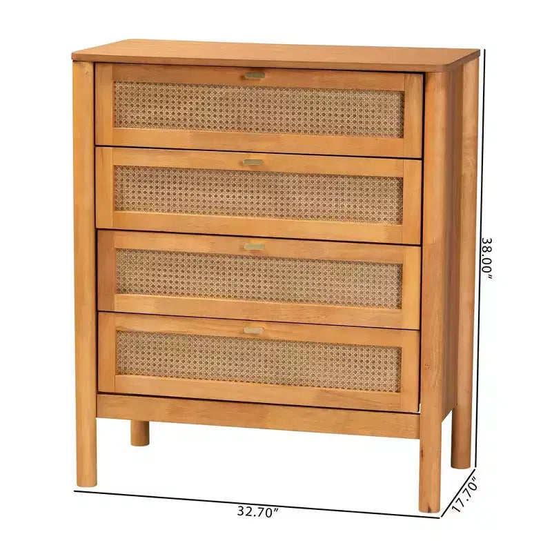 Cassettiera a 4 cassetti con frontali in rattan – Marrone dorato