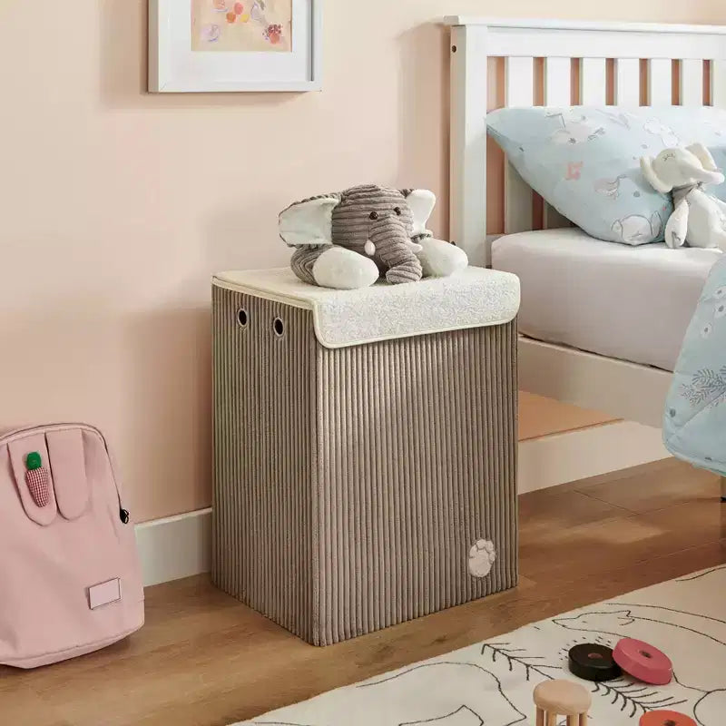 Cesta portabiancheria pieghevole in velluto a coste per bambini con coperchio
