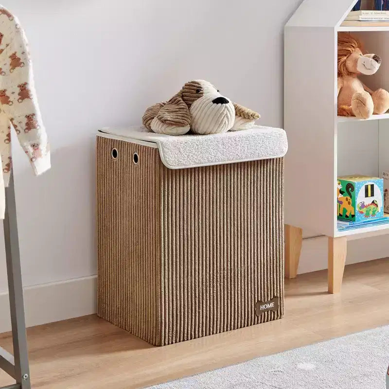 Cesta portabiancheria pieghevole in velluto a coste per bambini con coperchio