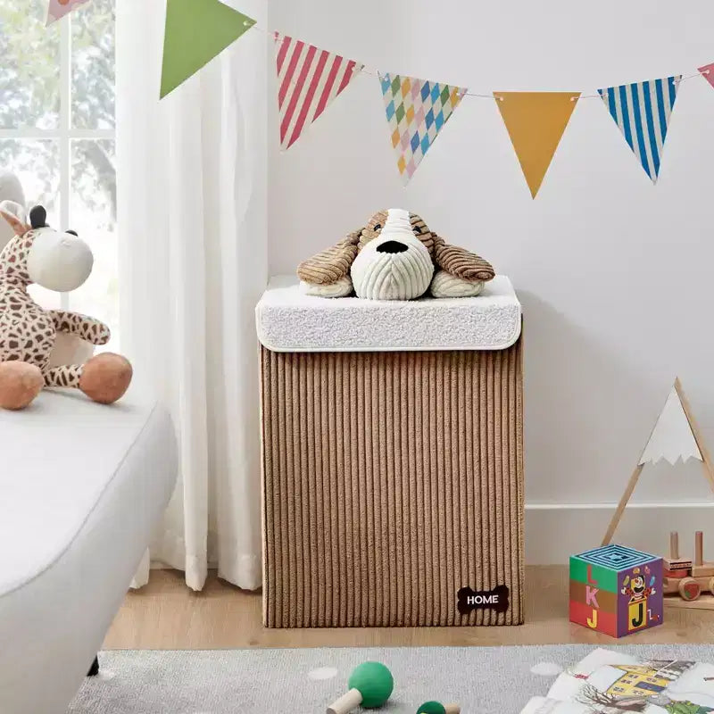 Cesta portabiancheria pieghevole in velluto a coste per bambini con coperchio