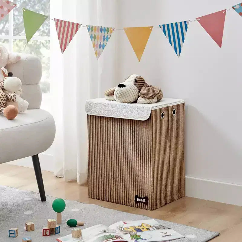 Cesta portabiancheria pieghevole in velluto a coste per bambini con coperchio